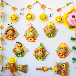 猪123_26淘宝幼儿园墙面布置装饰复古编织麦秆草帽农家乐商场悬挂