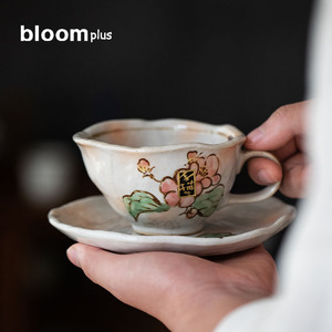 同合日本进口美浓烧手绘陶瓷杯樱花复古粗陶咖啡杯茶杯碟子套装
