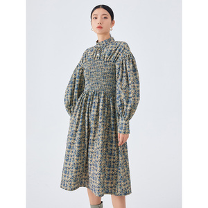 壹薇/evewang 司马克收腰连衣裙手工制作 棉布定染毒家印花中长裙