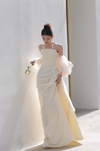 小众设计塔夫绸高定新娘婚纱礼服森系法式超仙旅拍出门纱外景晨袍