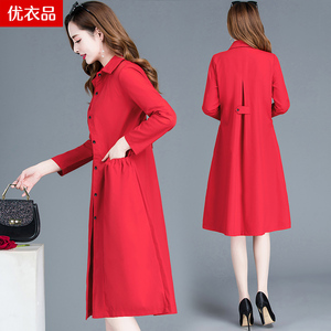 红色风衣女春装2023年新款流行韩版中长款休闲显瘦polo领秋季外套