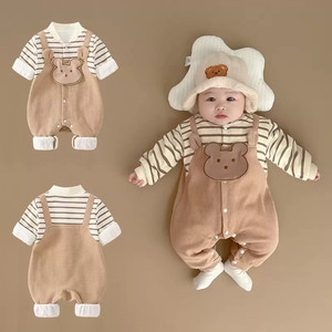 婴幼儿早春外出抱衣新生儿假两件连体哈衣满月服男女宝宝春秋套装
