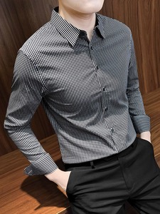 tnfua格子衬衫男长袖秋季新款高级感韩版修身百搭千鸟格男士衬衣
