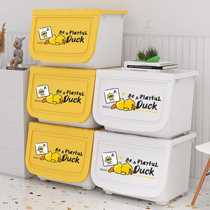 小黄鸭玩具收纳箱前开式家用翻盖储物箱衣服整理箱零食收纳盒带轮