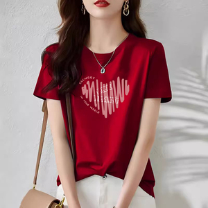高级感时尚酒红短袖上衣女夏季新品韩版设计感印花潮修身insT恤衫
