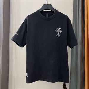 夏季款克罗心焚文印花logo休闲做旧短袖男装十字架烫钻宽松t恤衫