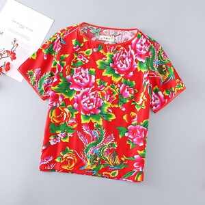东北大花布衣服东北大花布纯棉女装t恤夏短款宽松短袖外套202