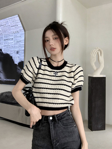 迪仕薇妮 黑白条纹短袖针织衫女2024夏季新款韩版高腰短款T恤上衣