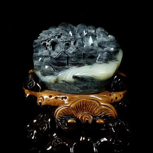 珠宝 和田玉青花山水意境摆件