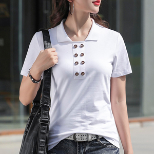 白色短袖t恤女2022夏季新款纯棉宽松体桖翻领纽扣小衫polo领上衣
