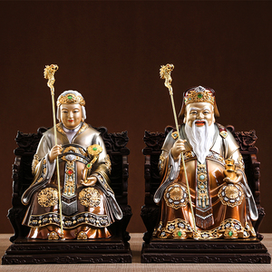 台湾彩绘土地公神像福德正神铜像地主财神爷佛像供奉土地婆摆件