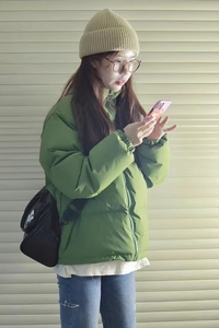 绿色羽绒服女冬季短款加厚2023年新款韩版宽松面包服棉衣棉服外套