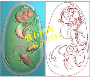 椭圆荷花鱼玉雕挂件莲花双鱼石雕挂坠二鱼精雕图浮雕灰度电脑雕刻