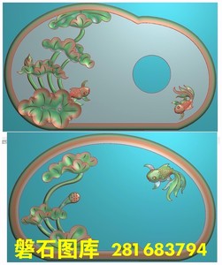 荷花鱼仿古茶盘石雕莲花金鱼木雕金玉满堂精雕图浮雕灰度电脑雕刻