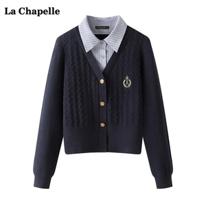 拉夏贝尔/La Chapelle学院风衬衫拼接毛衣女秋冬新款假两件上衣