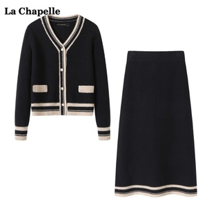 拉夏贝尔/La Chapelle小香风针织开衫半身裙两件套女秋冬时尚套装
