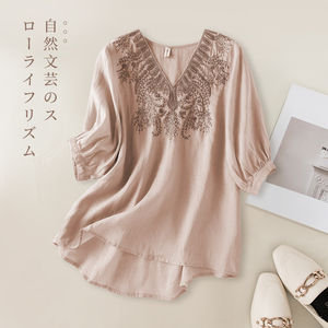 外贸出口日本原单女装剪标文艺刺绣苎麻T恤休闲大码气质纯色上衣