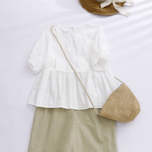 出口日本品牌清仓尾货文艺暗格纹褶皱衬衫夏季减龄大码上衣娃娃衫