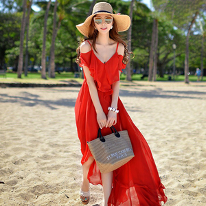 2024夏季粉红大布娃娃红色雪纺吊带沙滩裙海边度假长款仙女连衣裙
