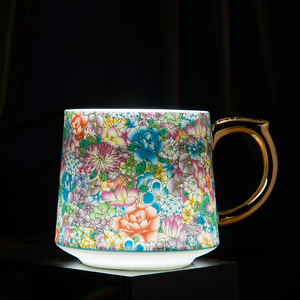 万花珐琅彩陶瓷茶杯茶水分离杯子家用带盖茶漏中式大容量杯景德镇