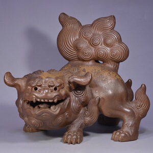 日本 十四代木村友敬 备前烧 大号 胡麻釉 唐狮子 置物