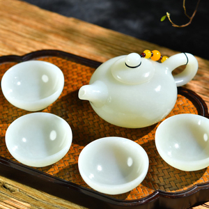 天然新款新疆和田玉白玉冰心玉壶茶具茶壶茶杯一套细腻油润送证书