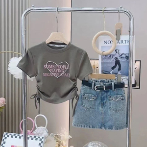 女童套装夏季2024新款韩版中大童洋气儿童心形上衣牛仔短裙两件套