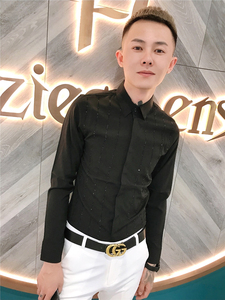 精神社会小伙韩版修身衬衣快手红人同款潮流烫钻简约发型师衬衫男