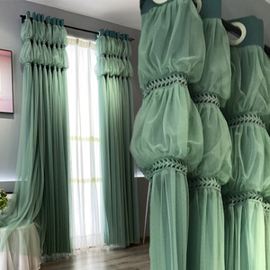 墨绿色窗帘2024年新款客厅轻奢卧室飘窗遮光韩式布纱一体公主定制