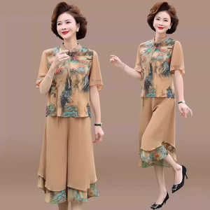 妈妈夏装短袖套装中式复古中老年女夏季雪纺唐装裤裙两件套中国风