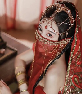 古风红色同款流苏汉服配饰遮脸纱耳挂西域舞娘异域镀金超仙遮面纱