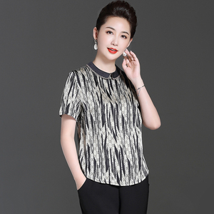 时尚洋气妈妈夏装小衫新款短袖真丝上衣女半袖中老年人桑蚕丝t恤