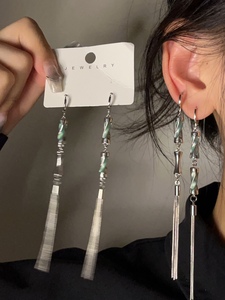 新中式竹节耳扣ins小众个性不对称设计感国潮风仿玉石流苏耳环