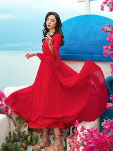 茶卡盐湖红色连衣裙内蒙古拍照衣服装草原旅游女装度假红裙子长裙