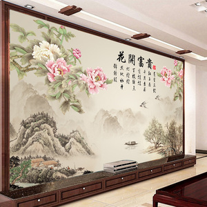 雅固中式牡丹花电视背景墙壁画影视墙壁纸花开富贵墙布装饰画墙纸