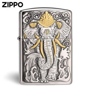 打火机zippo正版 六牙白象王盔甲浮雕纯银机贴金收藏高档男士送礼