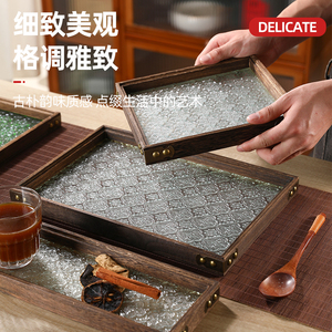 茶盘玻璃托盘家用日式轻奢实木制茶托复古海棠花茶具长方形干泡台