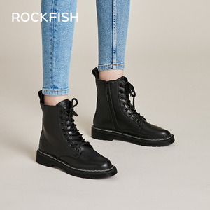 Rockfish马丁靴女款短靴2022冬季新款英伦加绒厚底粗跟拉链中筒靴