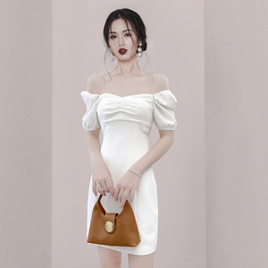 新款白色方领泡泡袖吊带连衣裙遮手臂伴娘订婚宴会敬酒服晚礼服女