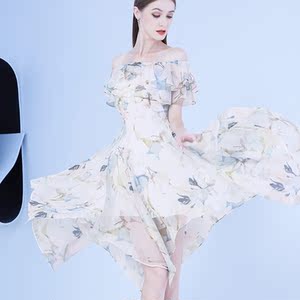 雪纺碎花连衣裙夏时尚气质优雅洋气性感露肩法式浪漫度假飘逸裙子