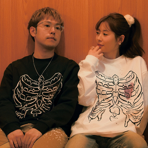 ma mealways小辰吾妮骷髅爱心温变纯棉长袖t恤宽松休闲情侣打底衫