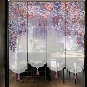 挂式餐厅屏风透明软隔断厨房玄关帘子新中式山水画卷帘屏风客厅