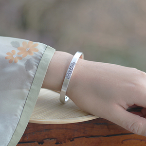 原创设计荷花简约时尚轻细古风古法手工送女友纯足银999银手镯子