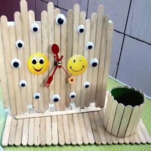 创意diy手工制作雪糕棒儿童时钟笔筒,圆木棍材料包,益智装饰