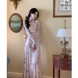 初春穿搭一整套新中式郁金香花朵复古改良长袖旗袍裙两件套连衣裙