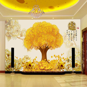 8d金色发财树壁画电视背景墙贴壁纸大厅办公室墙布招财进宝3d壁布