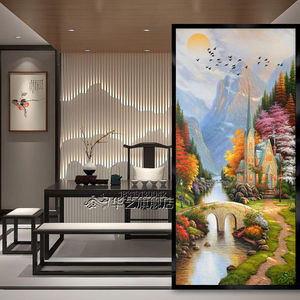 定制钢化艺术玻璃入户屏风隔断玄关双面图案5d立体磨砂彩釉风景画