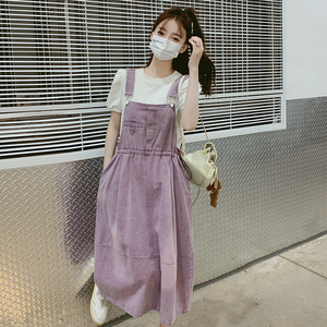 韩版显瘦收腰紫色牛仔无袖背带裙女夏季2024年新款休闲百搭长款裙