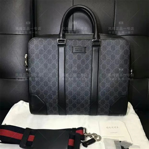 gucci古奇 经典老花logo条纹织带男士黑色公文包单肩斜挎包手提包