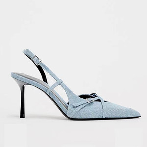 ZA2024女鞋穆勒鞋巨显腿瘦长蓝色牛仔高跟凉鞋女法式细跟尖头单鞋